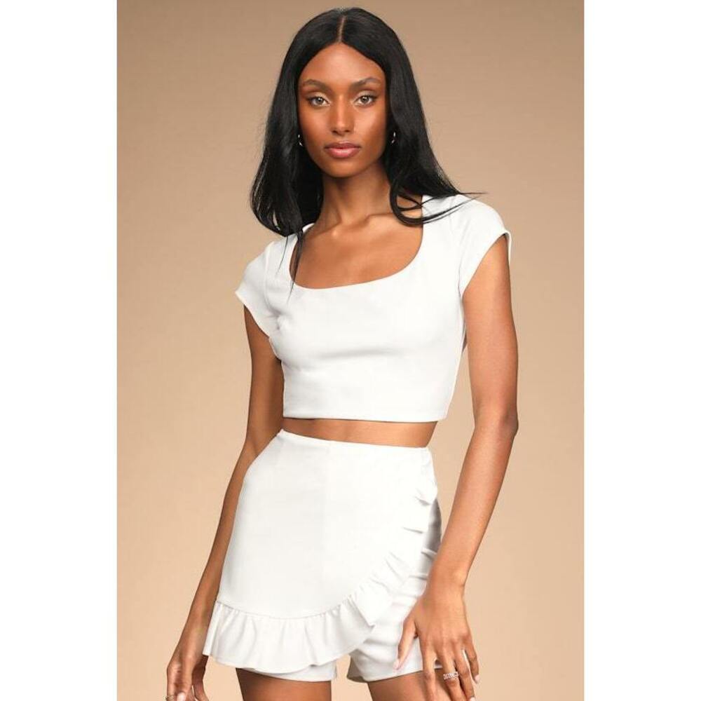 Lulus Cocktail Party Ivory Two-piece Lace-up Ruffled Romper White - Size M